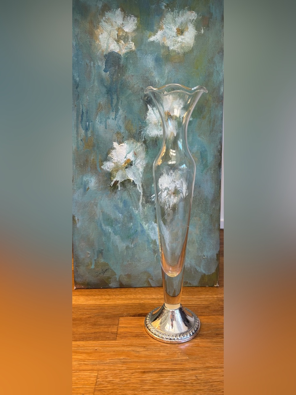 Sterling silver base - Vintage etched bud vase